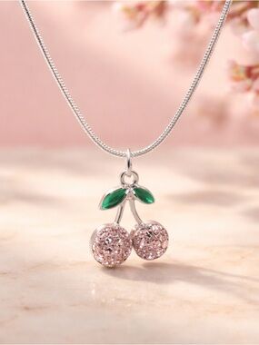 S925 Silver chain, Cherry Pendant Necklace with Pink Crystals and Green Leaves